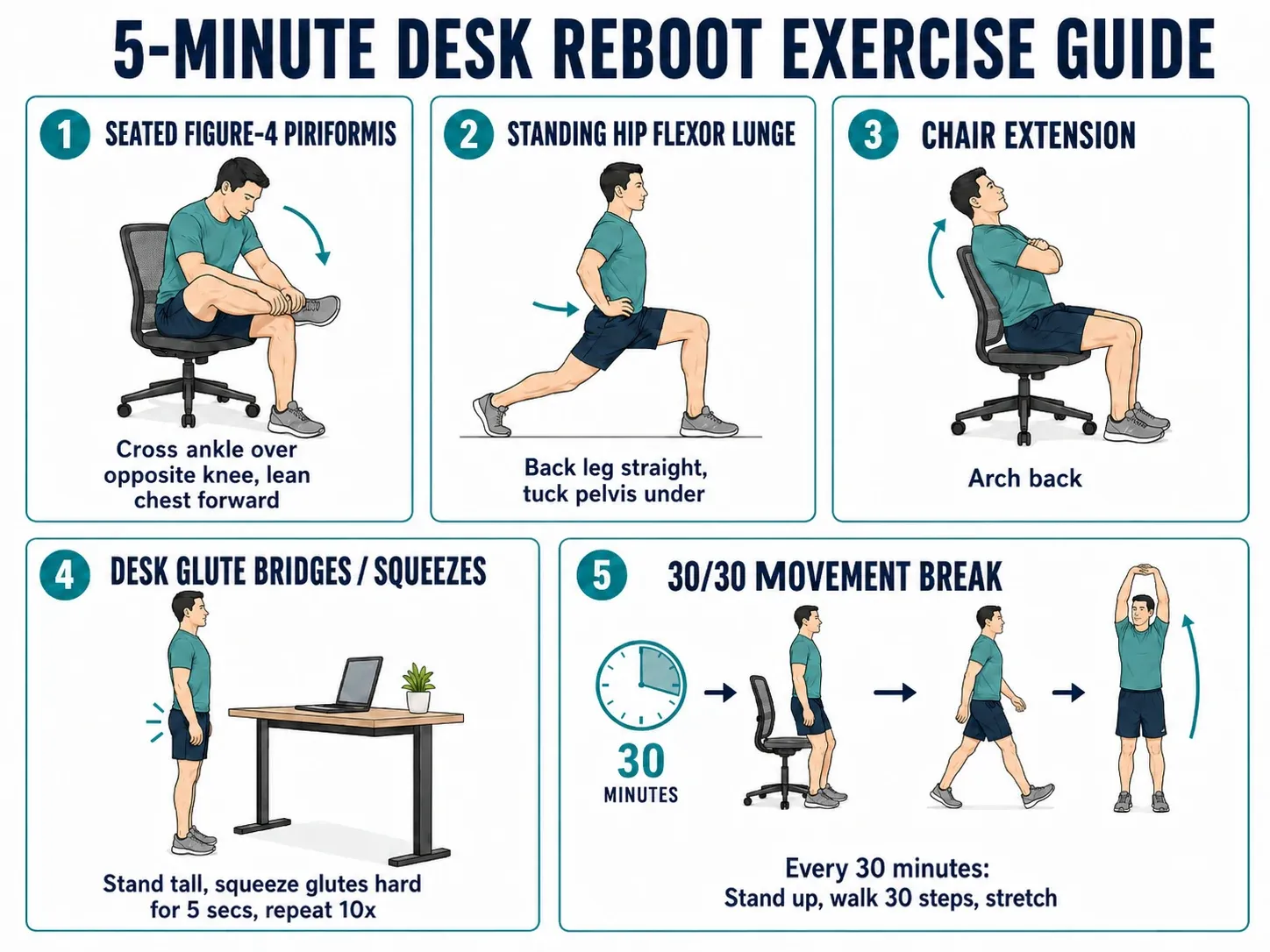 Visual 5-minute desk reboot exercise guide demonstrating seated figure-4 stretch, hip flexor lunge, chair thoracic extension, desk glute squeezes, and 30-minute movement breaks