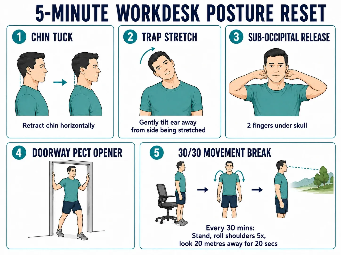 Visual 5-minute workdesk posture reset exercise guide demonstrating chin tuck, upper trapezius stretch, suboccipital release, doorway pectoral opener, and 30-minute movement breaks
