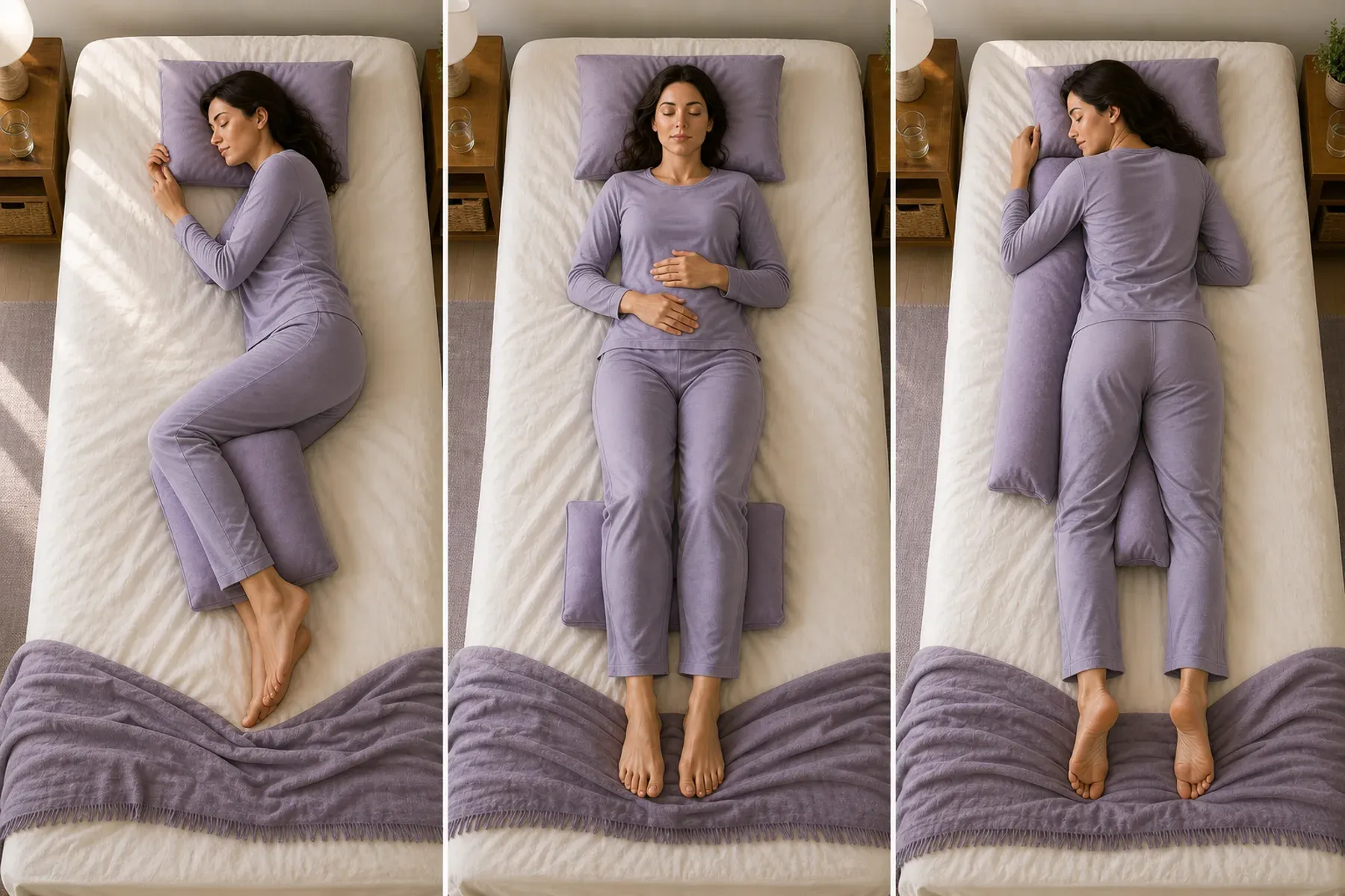 Three photographic panels showing pillow support for side, back and modified front sleeping positions