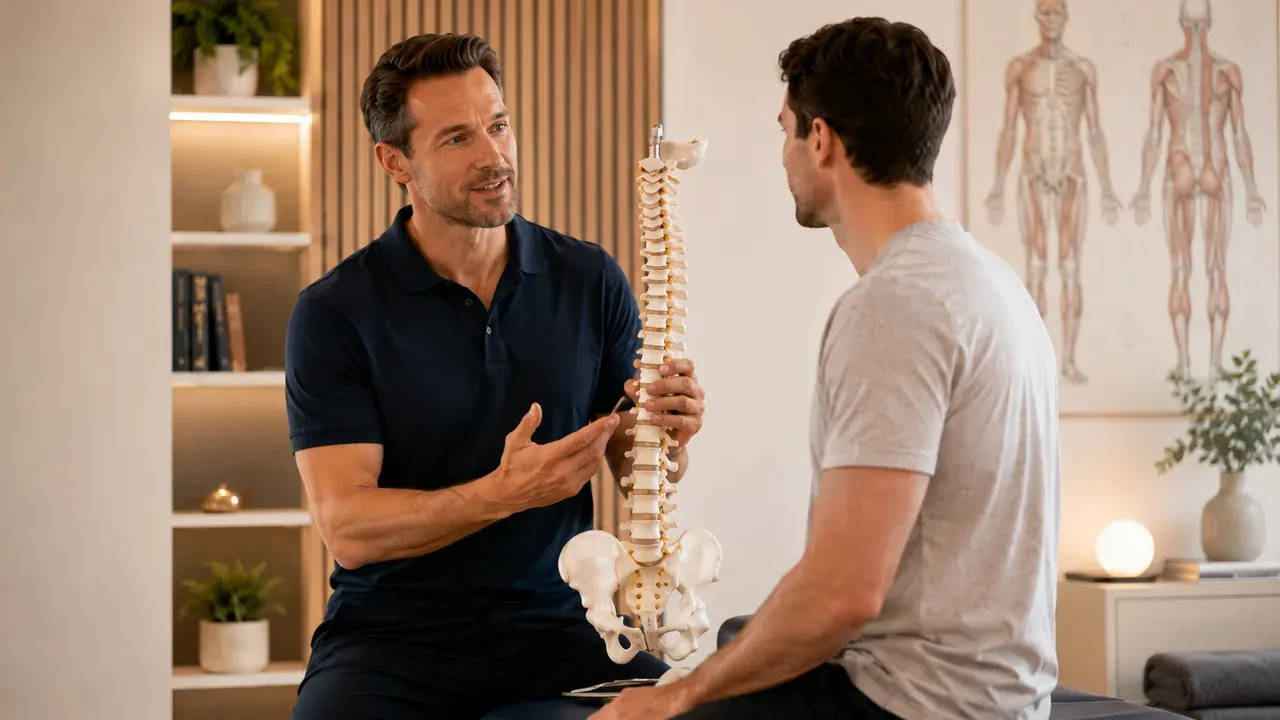 Chatswood chiropractor explaining the spine to a patient using an anatomical spine model